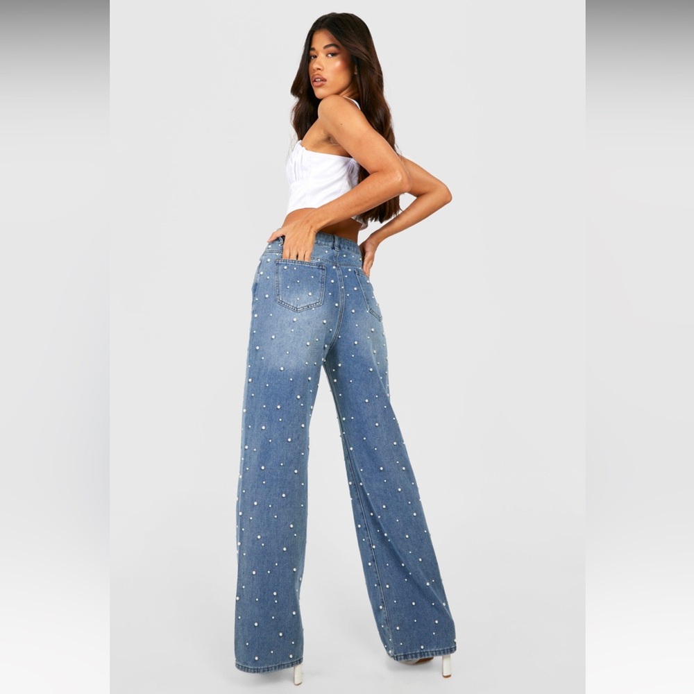 Pearl embossed mid rise baggy jeans